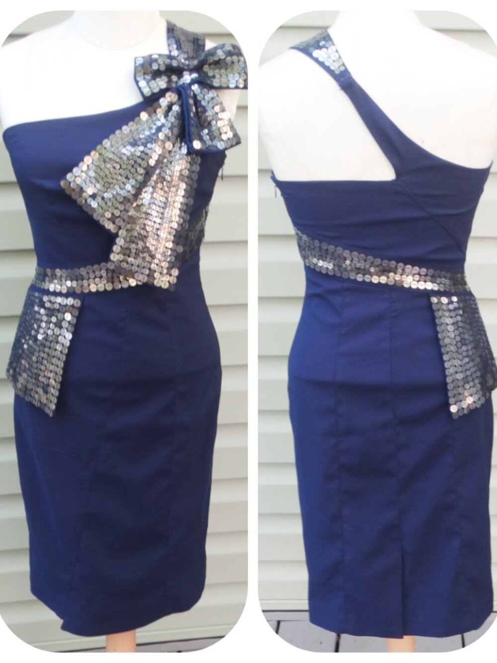 Karen Millen England One Shoulder Sequin Bow Cocktail Silk Dress UK8/US 4 Pencil